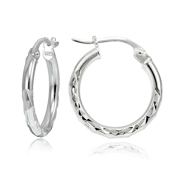 Sterling Silver Diamond-Cut Round Hoop Earrings, 15mm