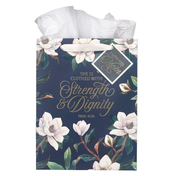 Christian Art Gifts Large Portrait Inspirational Scripture Women's Gift Bag, Tag & Wrapping Tissue Paper Set: Strength & Dignity Bible Verse for Moms, Cute Navy Blue Floral/Gold, Satin Ribbon Handles