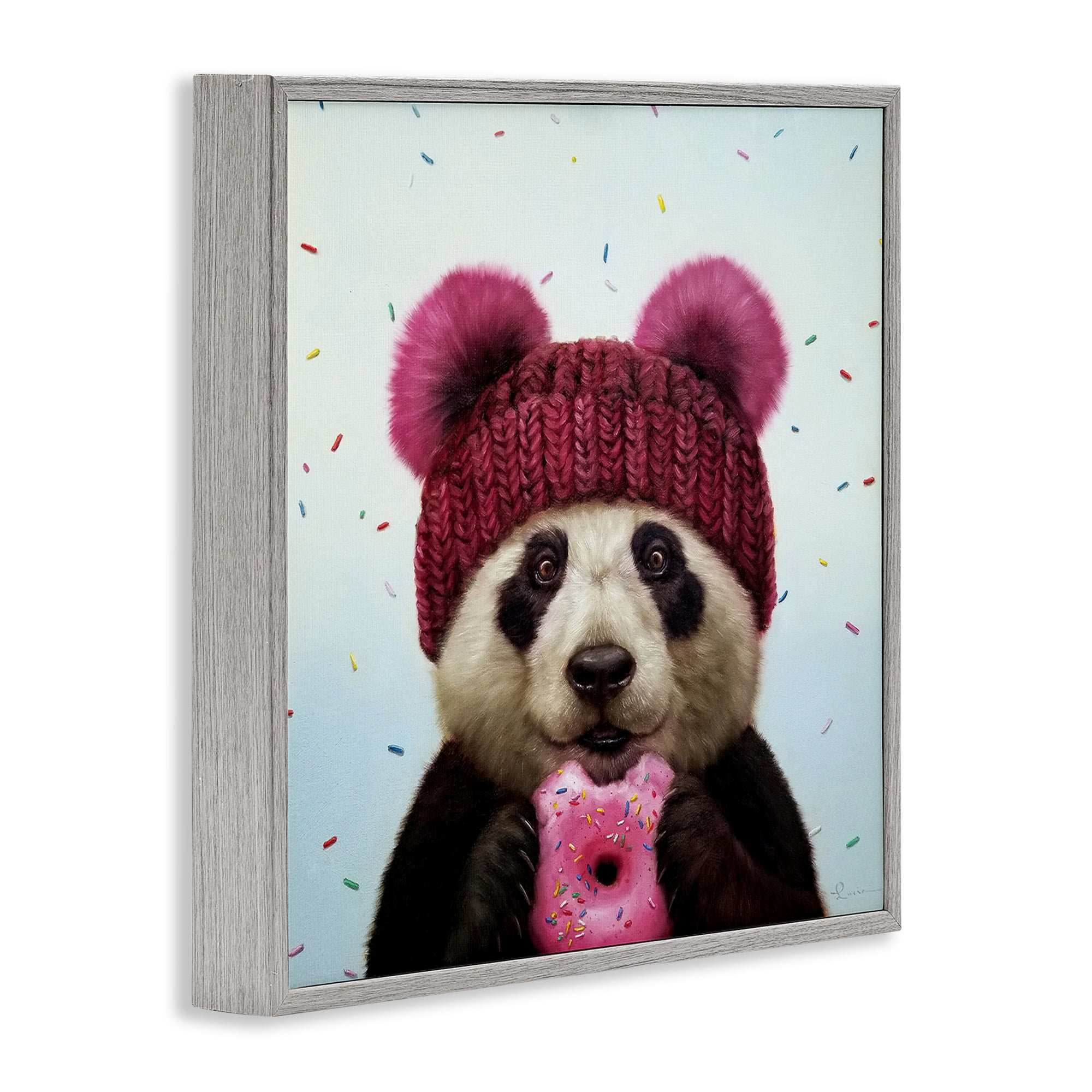 Stupell Industries Happy Panda Bear with Donut Animals & Insects Painting Gray Framed Art Print Wall Art, 17 x 17