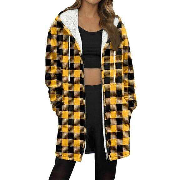 FDGIU Women's Plaid Fleece Coat - Sherpa Lined Plus Size Warm Winter Zip Up Outerwear for Cold Weather