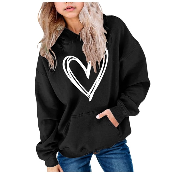 OJSFQUFP Girls Hooded Pullover Sweatshirt Comfortable Fleece Warm Stylish Heart Print Girls Sweatshirt