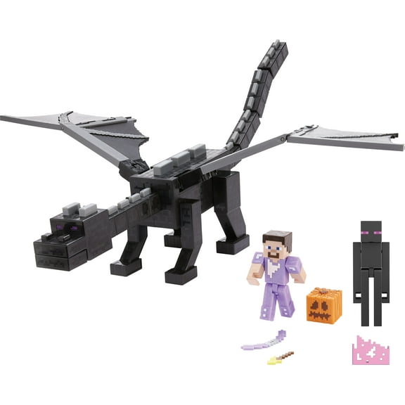 Minecraft Ender Dragon Action Figures Set, Lights, Sounds & Mist, Steve & Enderman 3.25-in Scale Figures
