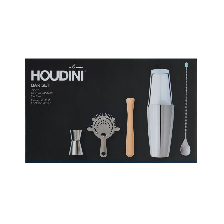 Houdini 5-Piece Bar Set in Stainless Steel with Wood and Glass