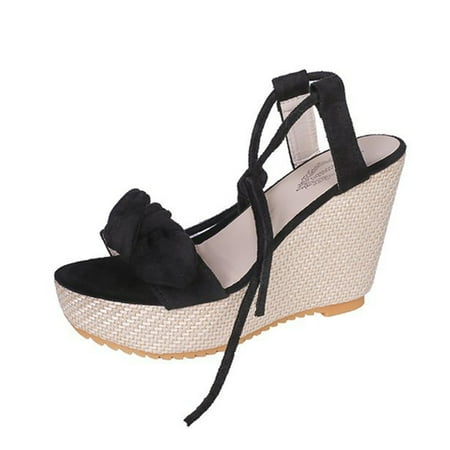 

TUOBARR Womens Wedge Sandals Fashion Women Solid Color Bowknot Bandage Comfy Sandals Slope Heeled Beach Casual Shoes Black