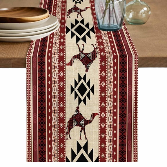 Table Runner 120 Inches Long for Kitchen Dining, Red Beige Boho Dresser Scarf Farmhouse, Dining Table Decorations for Wedding/Parties, Vintage Abstract Art Ethnic Tribe 13 x 120 In