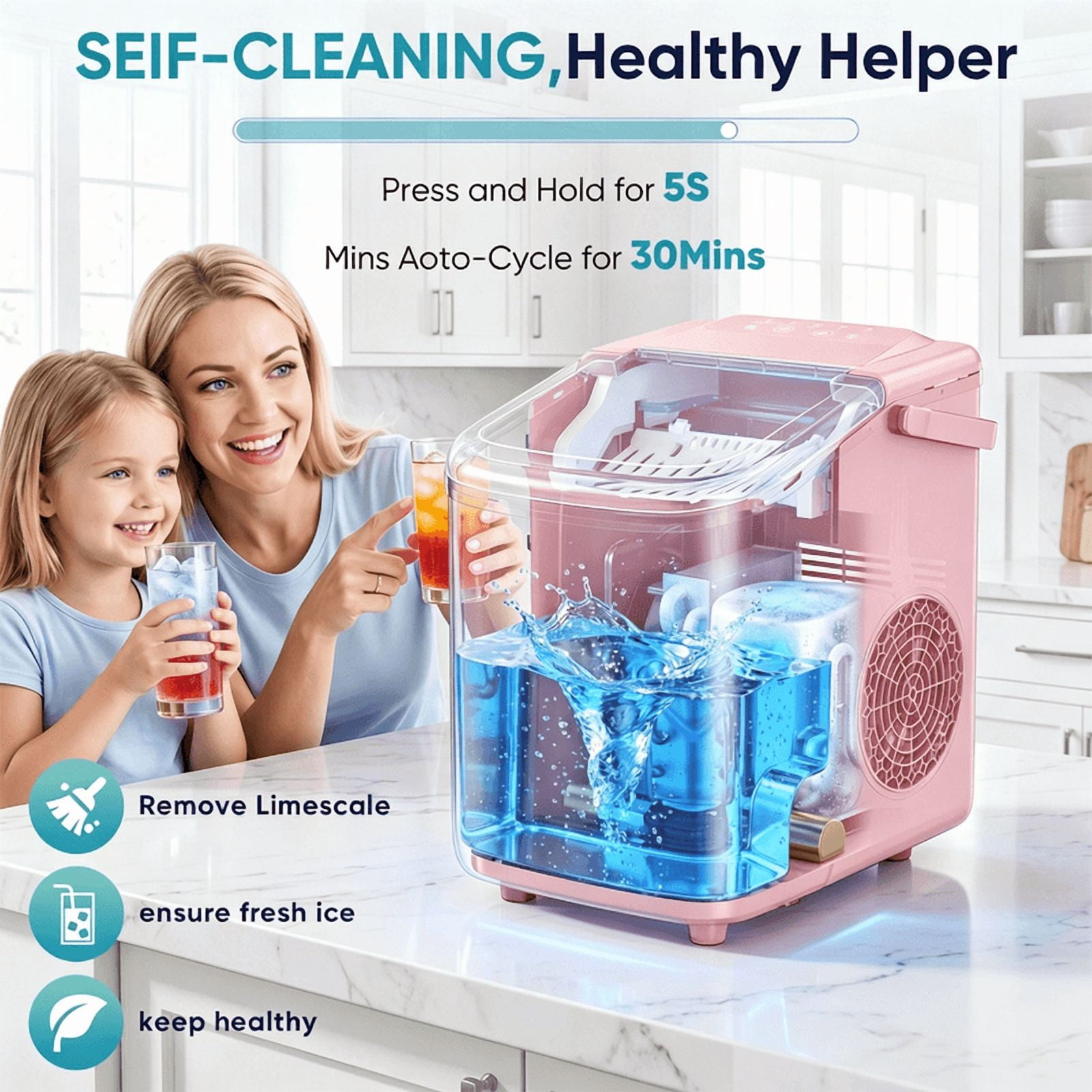 Portable Countertop Ice Maker with Handle, Self-Cleaning Bullet Ice Maker, 9 Ice Cubes Ready in 6 Minutes, 26lbs/24H, Eco-Friendly with Ice Scoop & Basket for Home, Office, Bar, Party, RV (Pink)