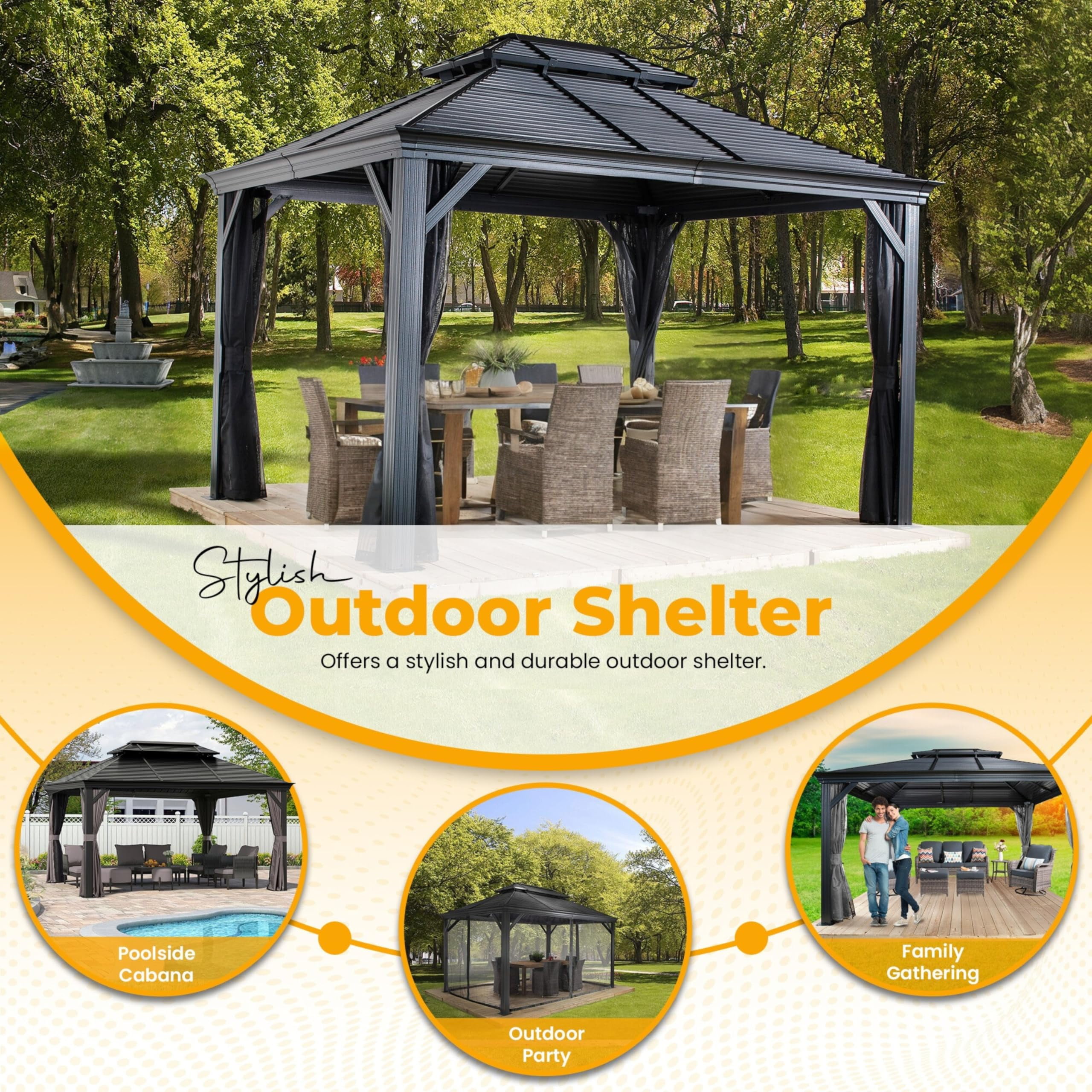 New Yard Hardtop Gazebo with Galvanized Steel Double Roof, Rustproof Aluminum Frame, Privacy Netting, and All-Weather Outdoor Shelter, Dark Grey (10x14)