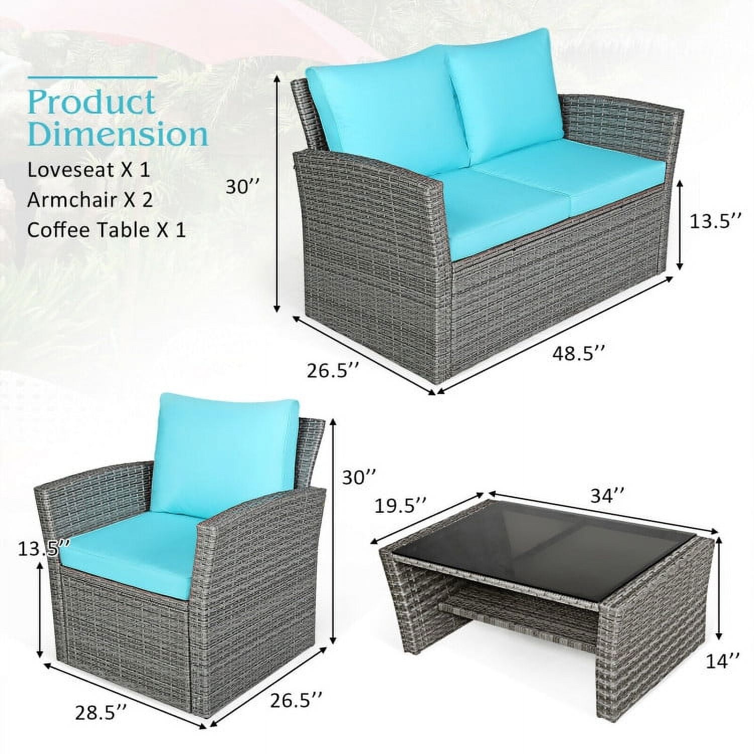 Aimee Lii 4 Pieces Wicker Patio Furniture Set Sofa Table with Storage Shelf Cushion, Modern Patio Furniture, Turquoise Aimee Lii 4 Pieces Wicker Patio Furniture Set Sofa Table with Storage Shelf Cushion, Modern Patio Furniture, Turquoise
