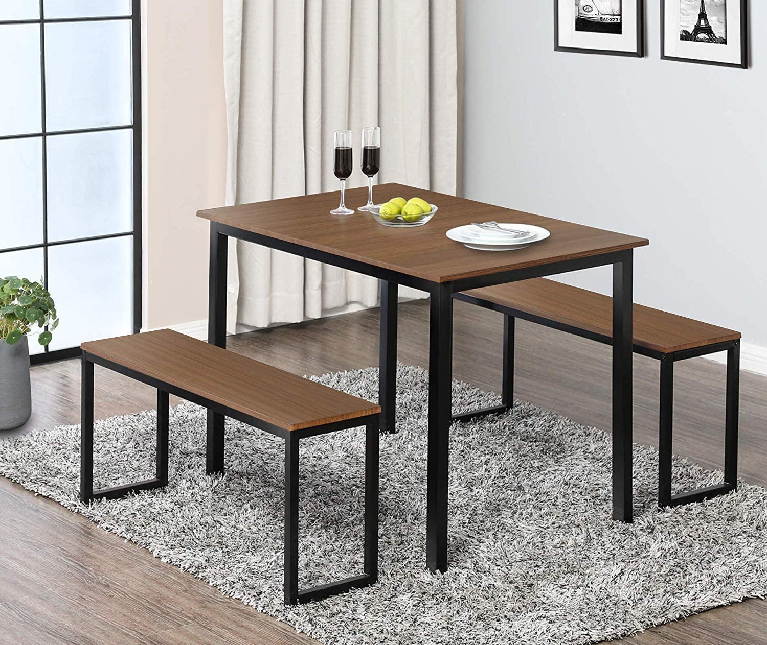Wood 3 Piece Dining Table Sets 2 Bench Chair Rectangular Table Kitchen Furniture 