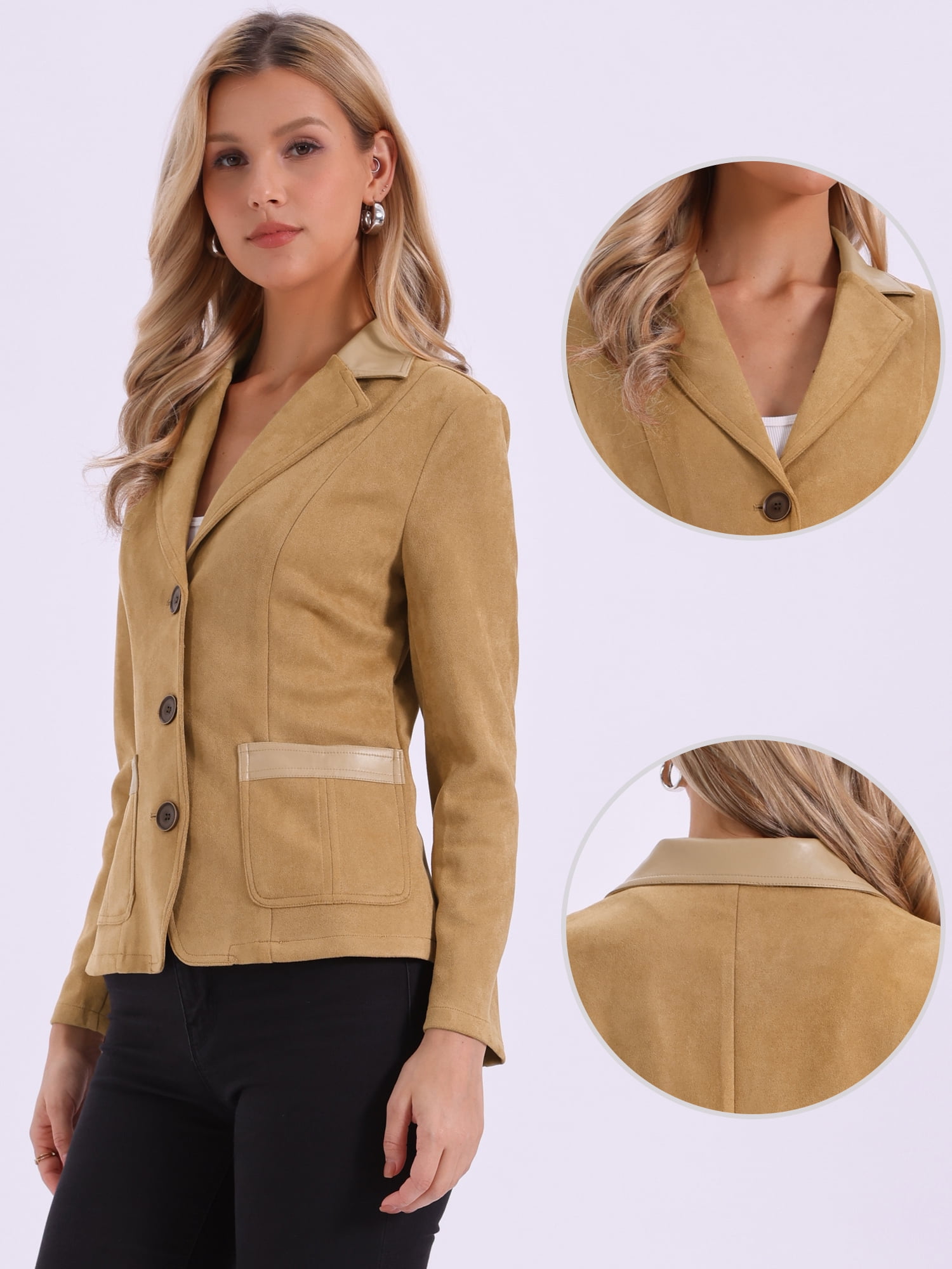 DARING DIVA Women's Faux Suede Lapel Collar Button Down Long Sleeve Blazer S Khaki