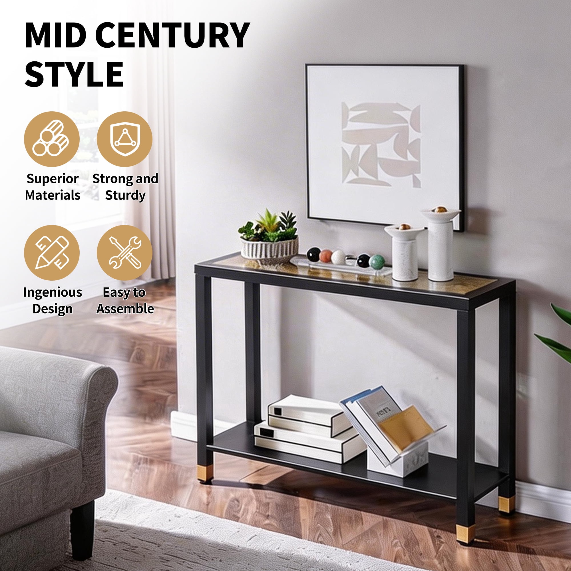 2-Tier Glass Entryway Console Table, Narrow Sofa Table with Storage Shelf, Tempered Glass Foyer Table with Gold & Black Metal Frame, Modern Accent Table for Hallway Living Room Corridor Office