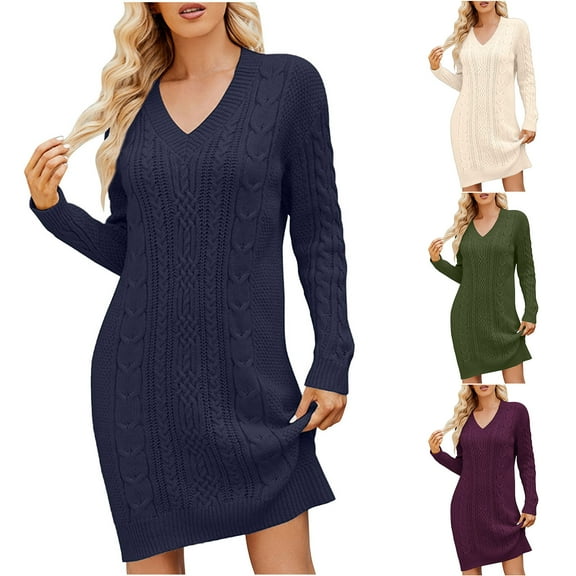 Ashirexll Midi Dresses for Women, Womens Long Sleeve Dresses, Fashion Twisted Flower Bottom V-Neck Long Knitted Casual