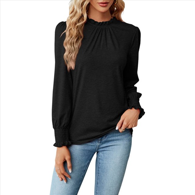 Camiseta Holgada Informal de Larga con Cuello Redondo para Mujer, Color Liso, con Encaje y Mangas Farol, para Otoño e Invierno Negro M