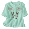thumbnail image 5 of JULMCOMO Cotton Linen Shirts for Women Floral Embroidery Henley Short Sleeve Loose Vintage Blouses Comfy Casual Shirts Fluorescent Green 3XL, 5 of 7