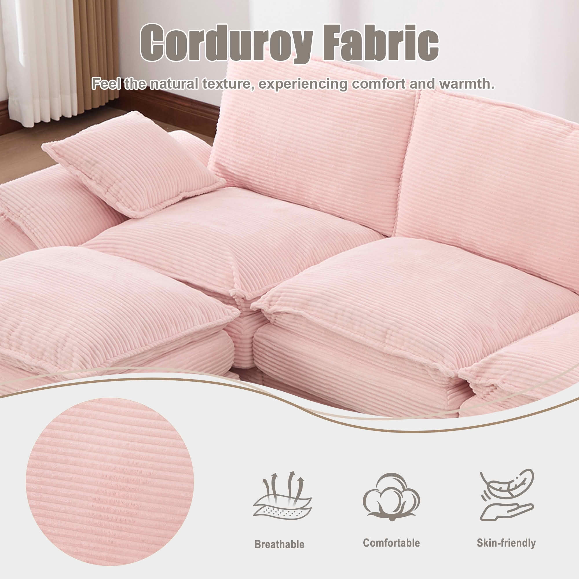MAYEERTY Ottoman Footstool, Modular Cloud Sofa Footrest with Storage, Soft Corduroy, No Assembly, Pink