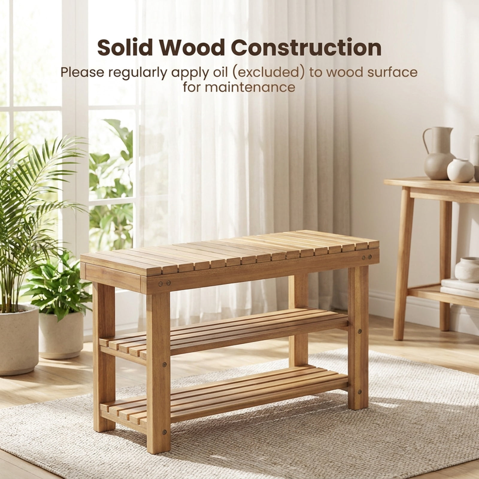 Furnibear 3 Tier Solid Wood Shoe Rack Bench with Slatted Shelves for Entryway Hallway and Living Room Shoe Storage Medium Size, Natural