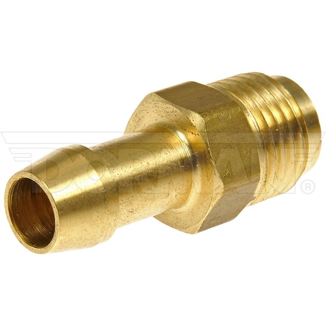 Dorman Fuel Line Fitting 785-402D OE Solutions; Inverted Flare Male Connector; Barbed End; 1/2-20 UNF Thread Size; 1.29 Inch Length; Brass