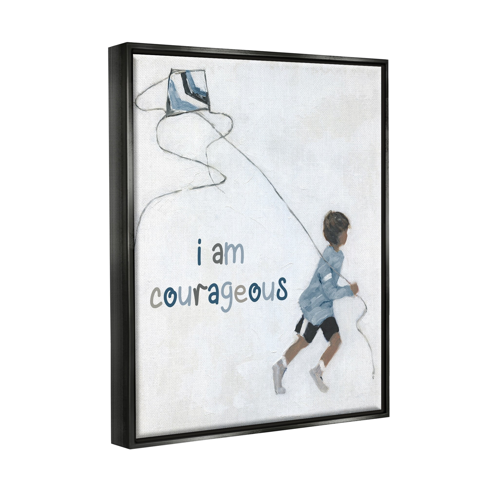 Stupell Industries I Am Courageous Child Flying Kite Uplifting Phrase Graphic Art Jet Black Floating Framed Canvas Print Wall Art, Design by Sally Swatland