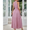 thumbnail image 4 of Vestido largo de mujer con cuello halter, sin mangas, dobladillo con volantes, cinturón de cintura, vestido de verano de color puro, 4 of 6