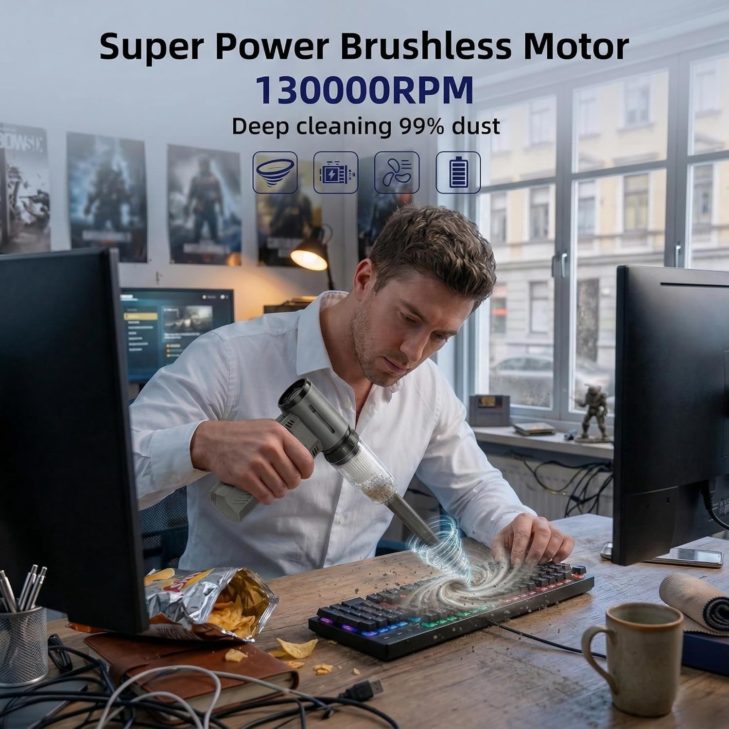 Duster - 130000 RPM Super Power Electric Air Duster, Rechargeable Cordless Air Blower with Stepless Speed Adjustable for , Keyboard, , , Office