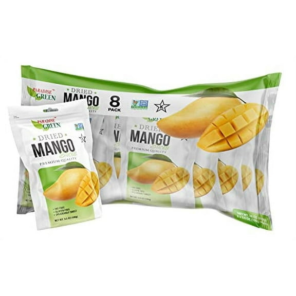Paradise Green dried Mango 28 ounce sweet dehydrated thai Mangoes sun dried In nature (8 bags X 3.5 ounce) (1 Pack)