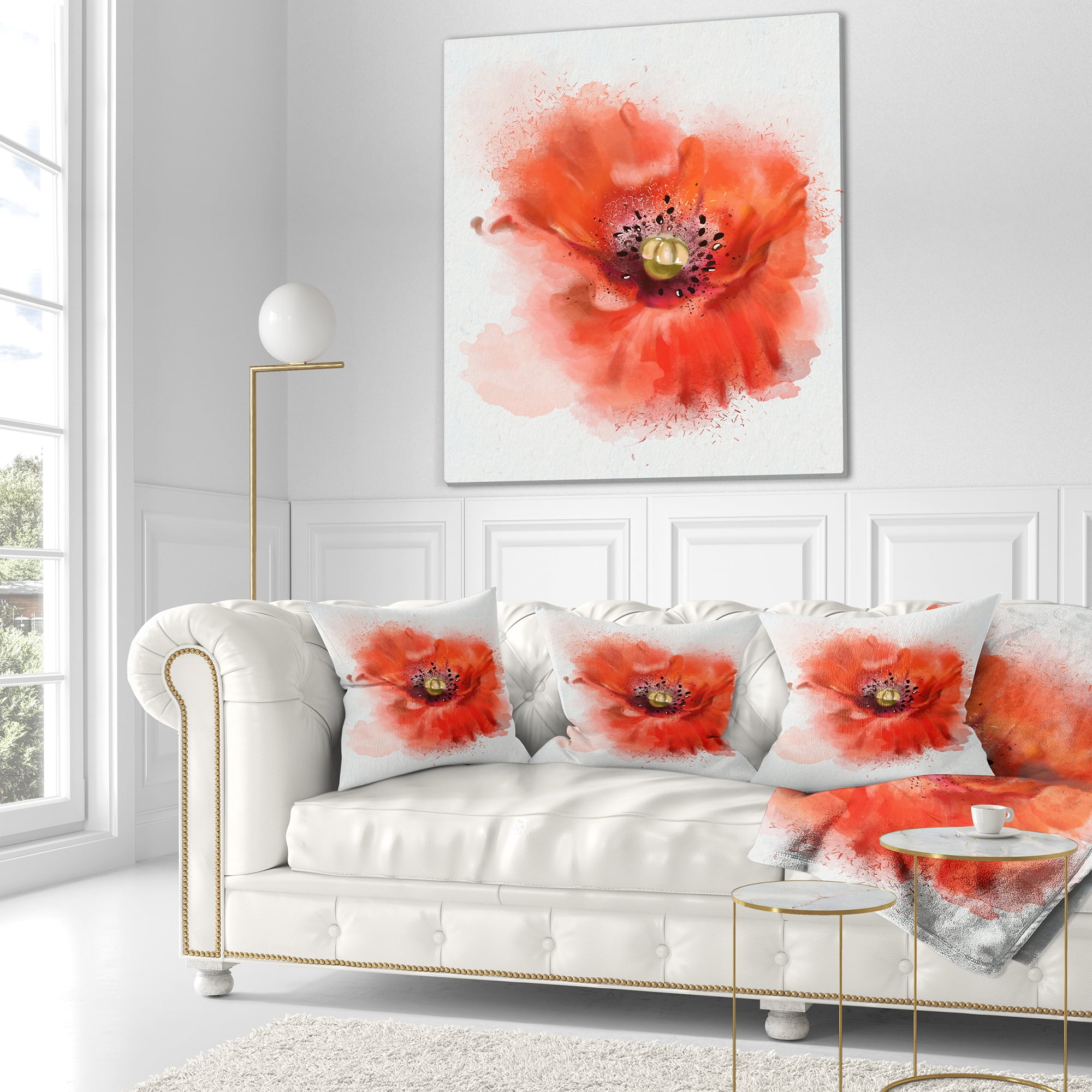 Designart Stylish Red Watercolor Poppy Flower - Floral Throw Pillow - 18x18