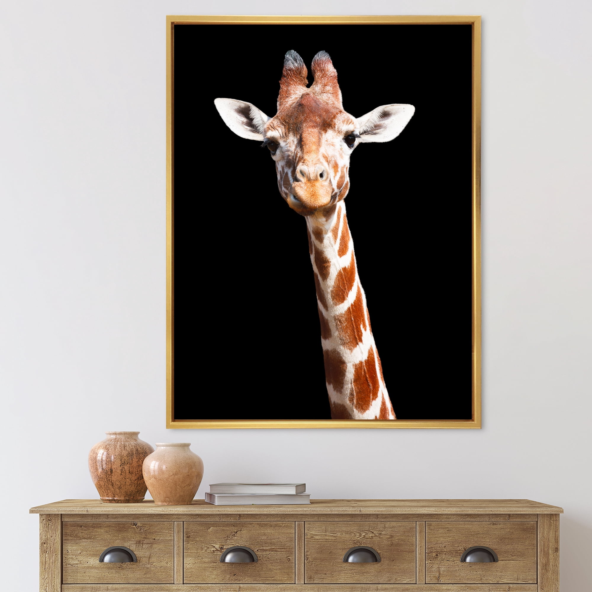 Designart 'Close Up Portrait Of A Giraffe On Black V' Farmhouse Framed Canvas Wall Art Print