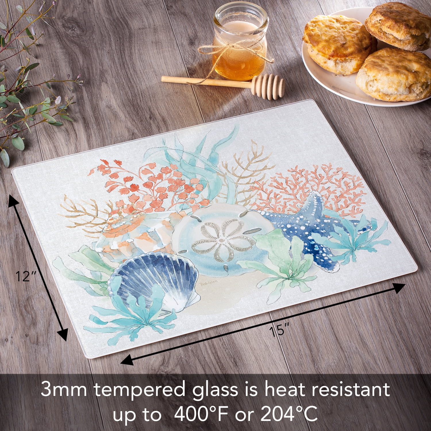 CounterArt Seaside 3mm Tempered Glass Cutting Board 15" by 12"