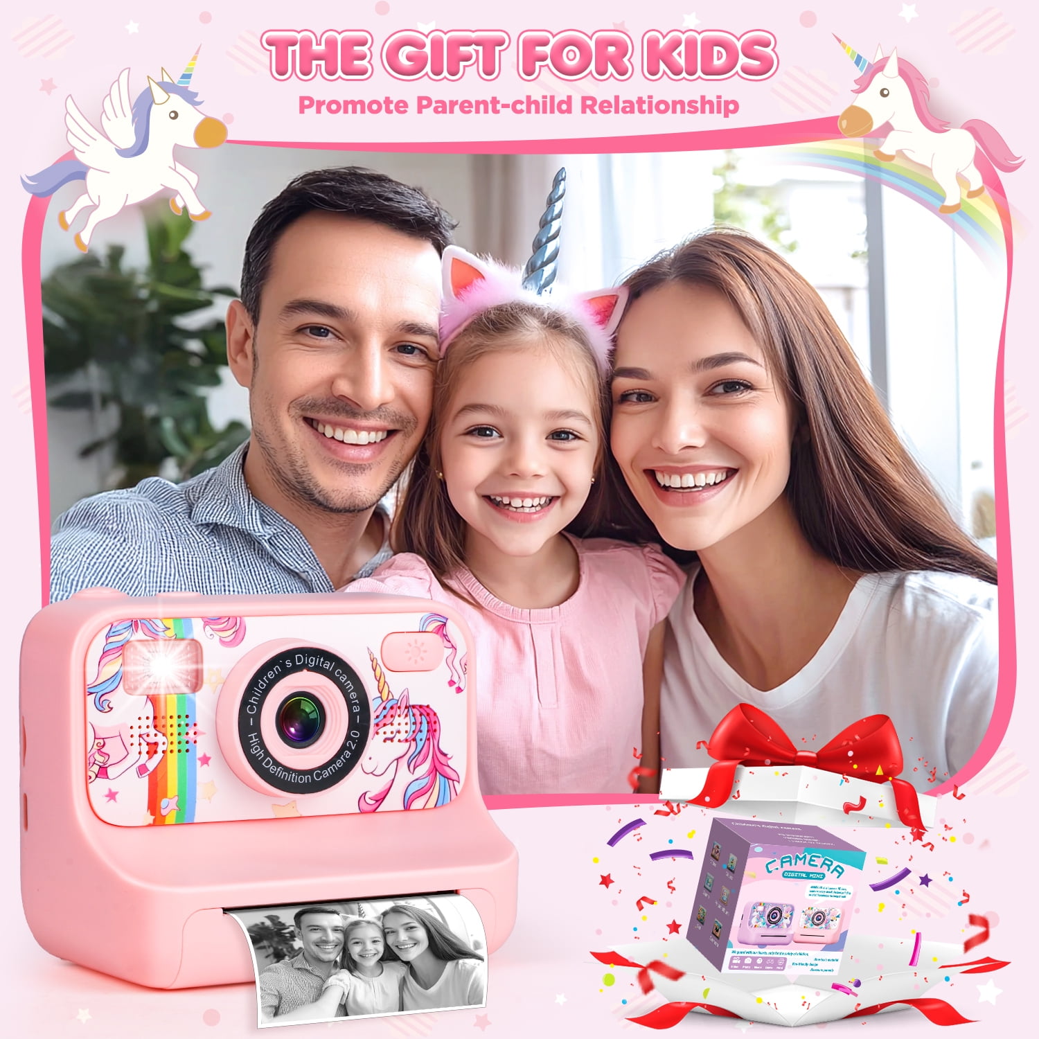 UQN Kids Digital Camera, 1080p Instant Print Camera for Boys Girls 3-10 Years Old, 32GB Unicorn Photo Toys, Birthday Christmas Gifts for 3 4 5 6 7 8 Year Old Kids Toddlers-Pink