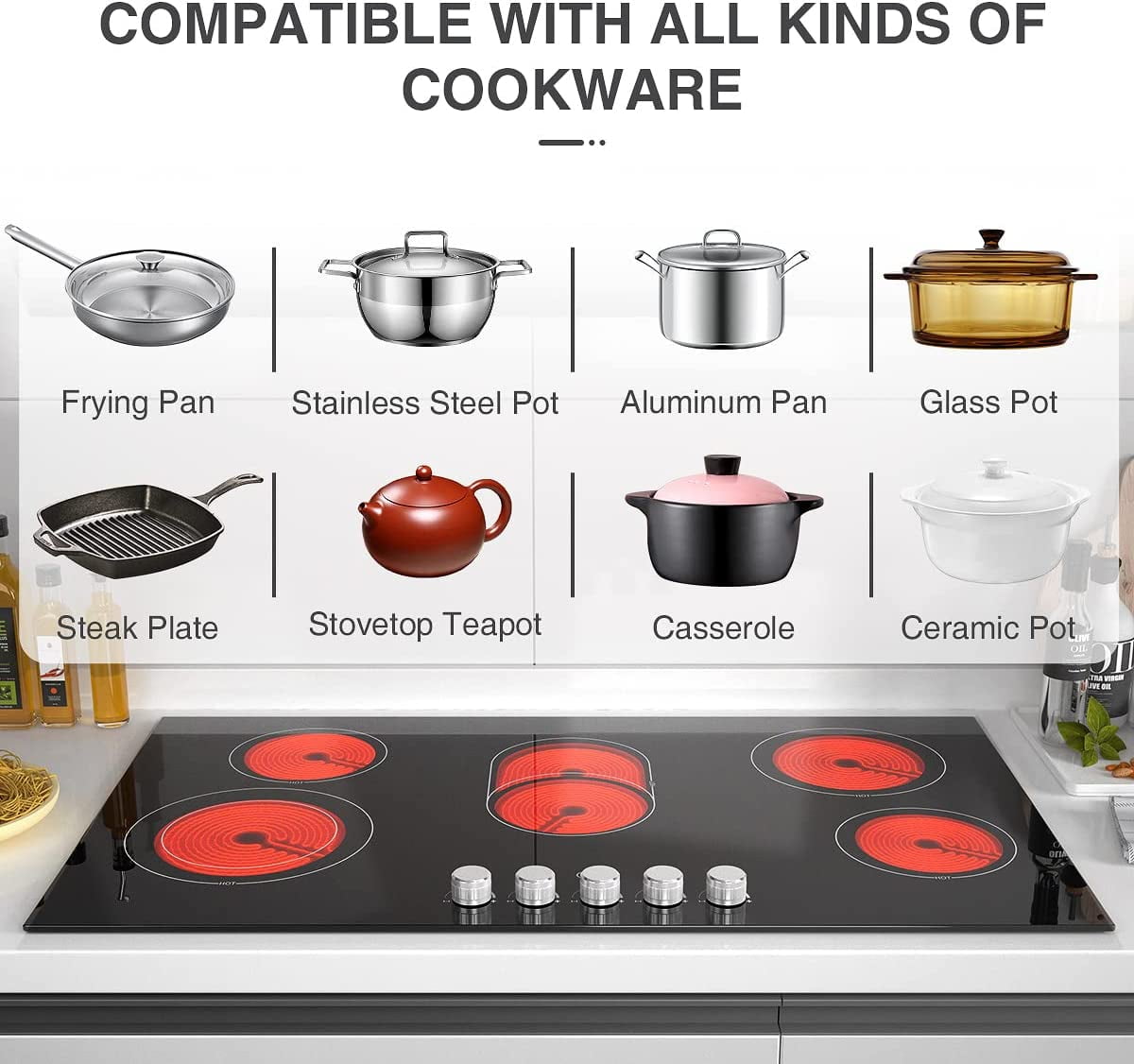VBGK Electric Cooktop 36 inch 5 Burner Infrared Cooktop, Electric Stovetop 8600W Built-in Hot Plate for Cooking,99 Minutes Timer Electric Ceramic Cooktop 220v without Plug Compatible with All Cookware
