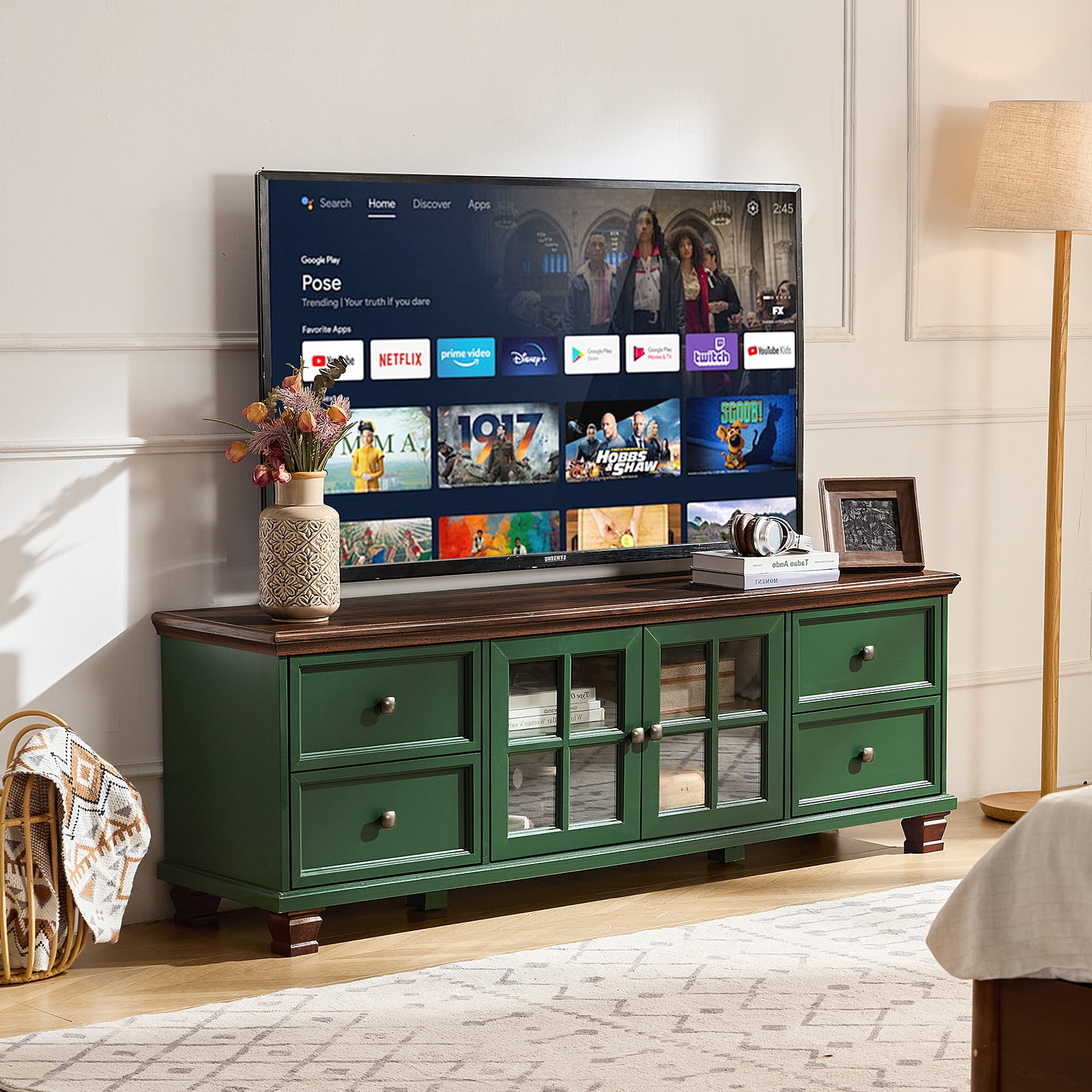 Buildhom Farmhouse TV Stand with Storage, 4-Drawer Rustic Brown Entertainment Center for Living Room, Green