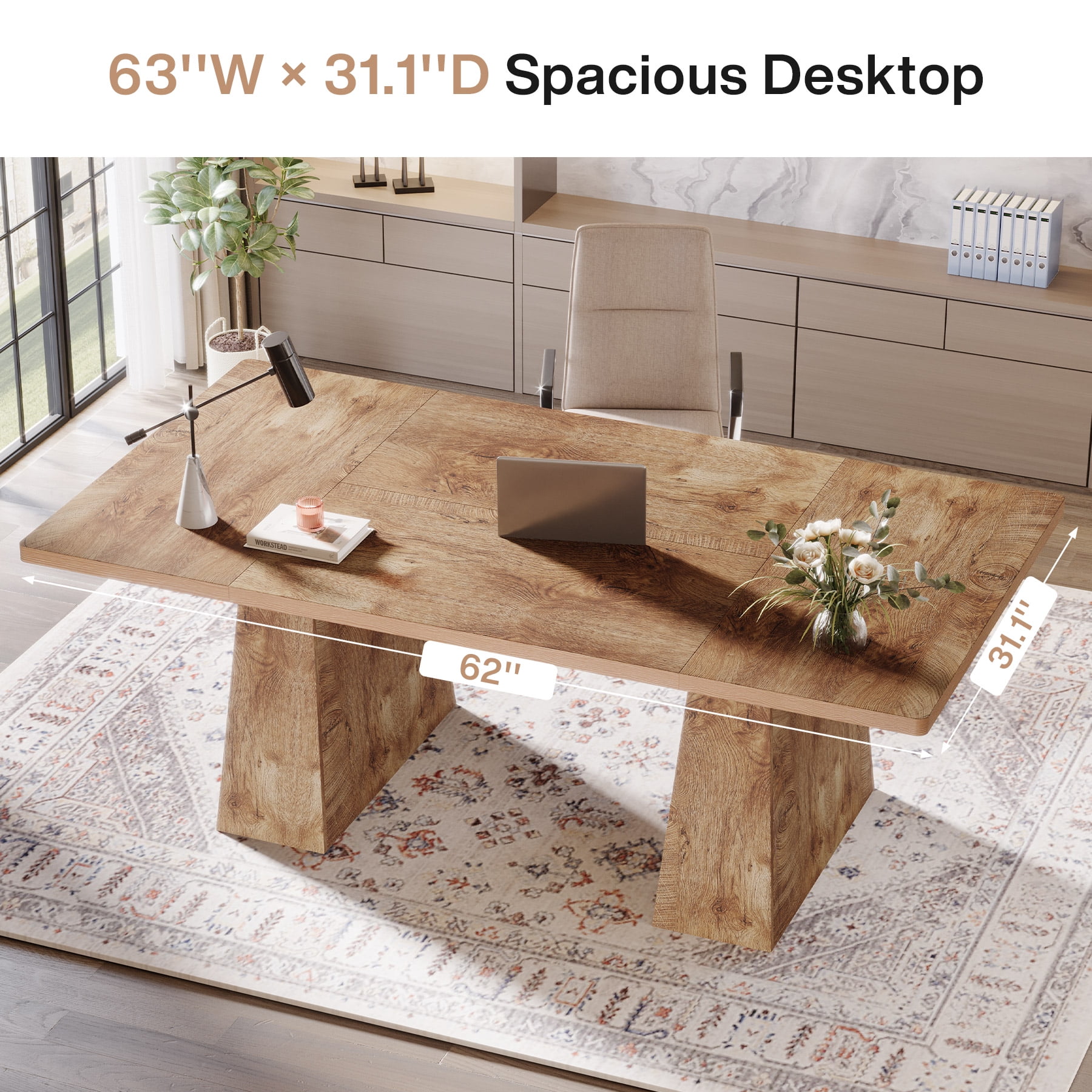 Tribesigns 63" Executive Desk, Modern Office Computer Desk with Double Pedestal, Large Simple Workstations Writing Table Conference Table, Natural