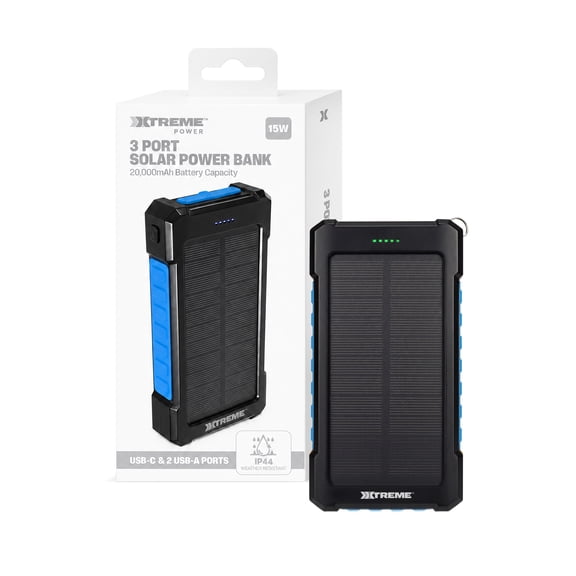 Xtreme Power 20,000mAh Solar Power Bank, 15W Portable Charger with USB-C and 2 USB-A Ports, IP44 Weather-Resistant Battery Pack for Travel and Emergencies, Black