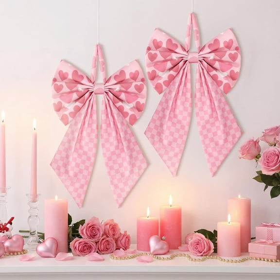 Suncalla 2 Pcs Large Valentines Day Tree Topper with Heart 19.6'' x 11.8'' Pink Bows for Wreaths Decorations Front Door for Valentine's Day Wedding Holiday Party Wall Home Front Door Outdoor C113