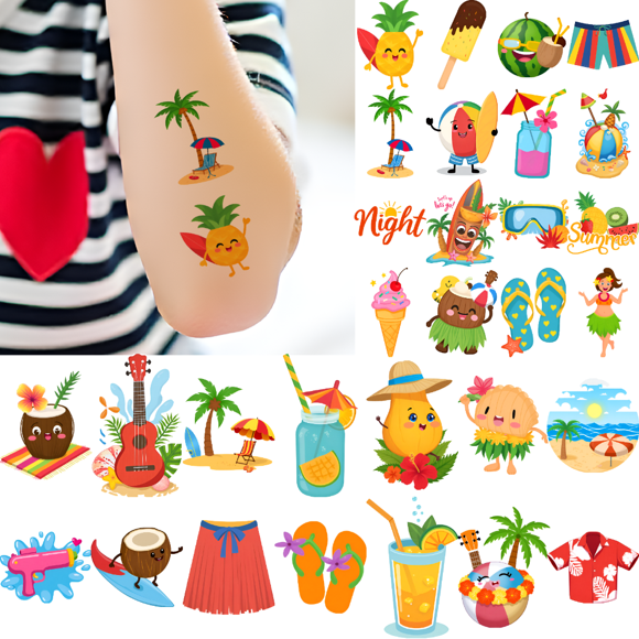 54 Temporary Tattoo Stickers Waterproof Long-lasting Body Stickers Hawaiian Beach Coconut Tree Ice Cream Swim Ring Kids Boys Girls Tattoo Stickers Arms Arms Shoulders Cheeks