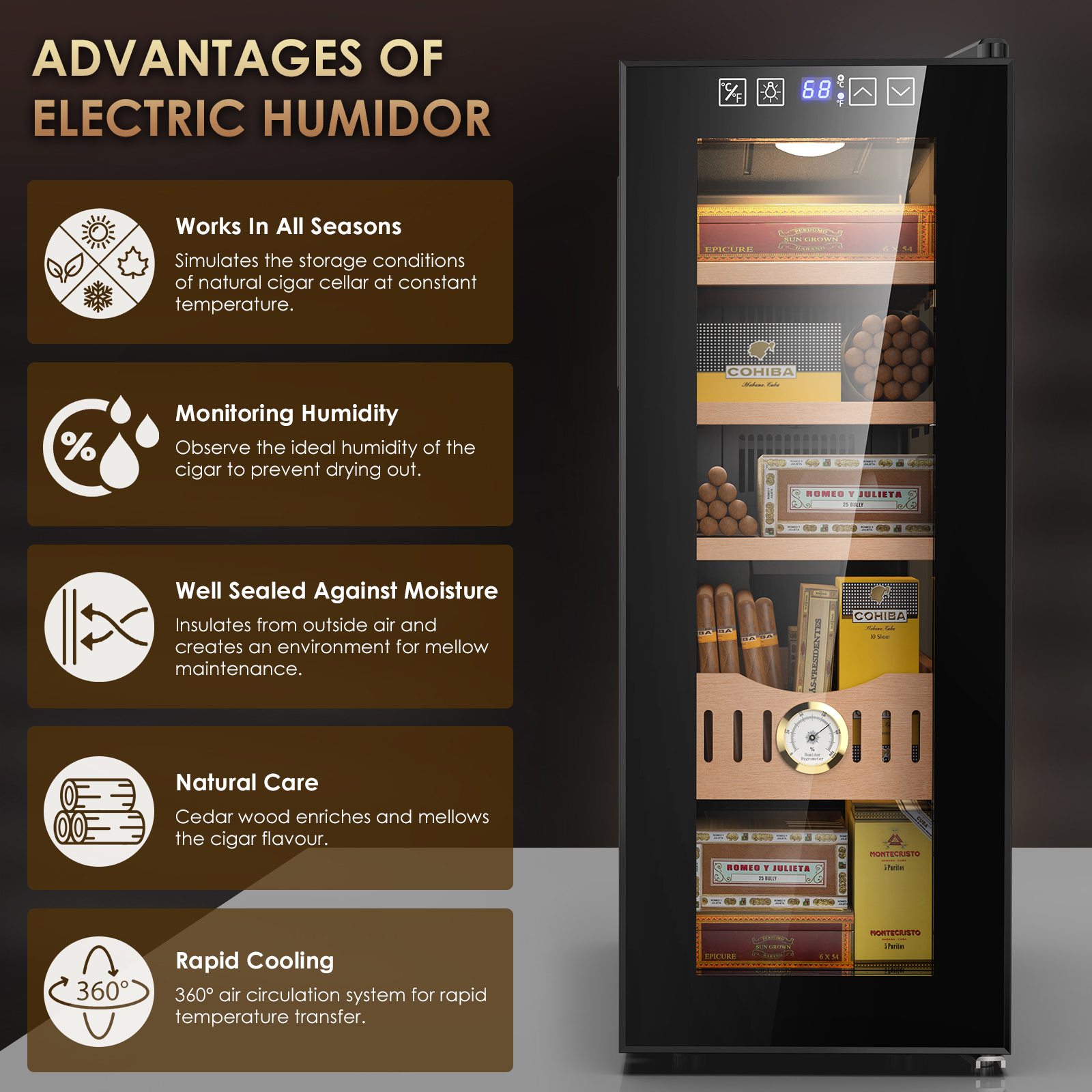 Joreek 35L Electric Cigar Humidor Cooling and Heating Control System with Spanish Cedar Wood Shelves Adjustable Electronic Cabinet, 250 Counts Large Capacity, Digital LCD Display