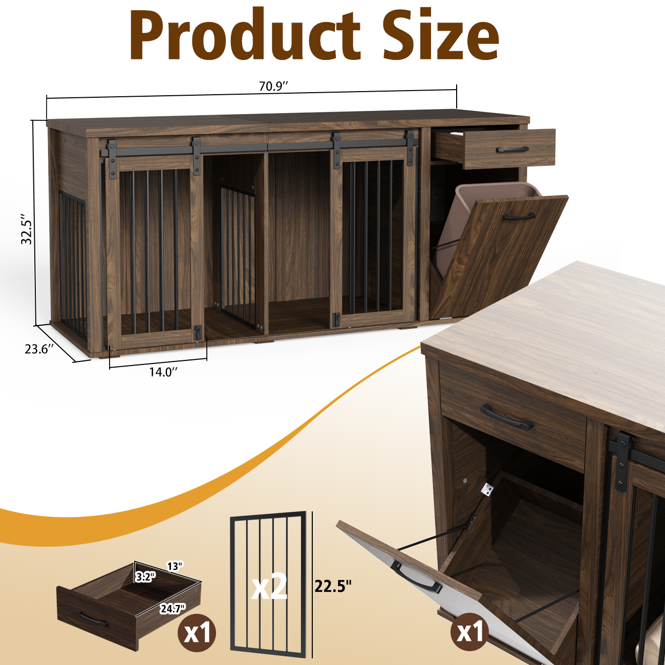71'' Multi- Functional Dog Crate Furniture for 2 Dogs with Divider and Sliding Doors, Large Dog Kennel with Storage Drawer and Tilt Out Trash Cabinet, Brown