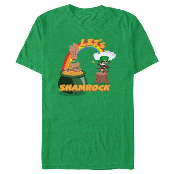 Men's Marvel Cartoon Rocket and Groot Let's Shamrock  Graphic Tee Kelly Heather X Large