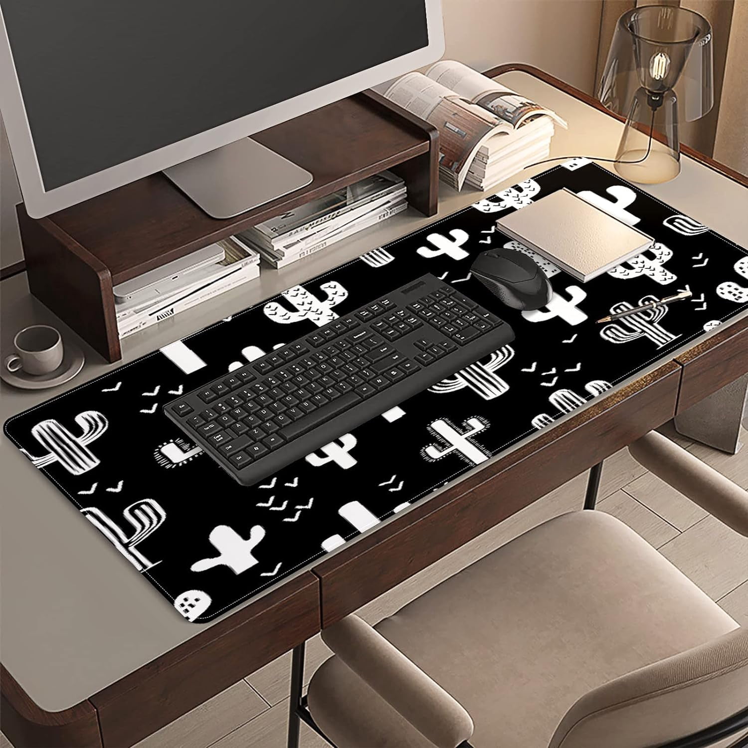 Black and White Western Cactus Desk Mat, Desk Accessory, Cute Workspace, Trendy Workspace, Trendy, 35.4x15.7in Large Gaming Mouse Pad, Cute Desk Topper, Pretty Desk Pad