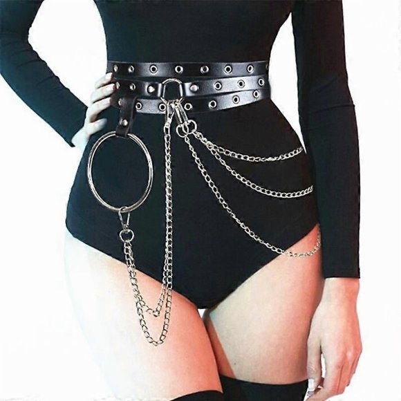 Punk Women Faux Leather Harness Garter Belt Strap Waistband Binding Chain Black Conbo