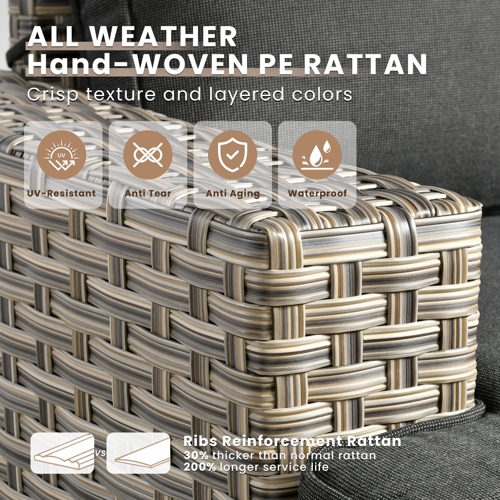 Vcatnet 8 Pieces Outdoor Patio Furniture Sectional Sofa PE Rattan Wicker Conversation Set with Solar Powered Coffee Table for Porch, Backyard, Black