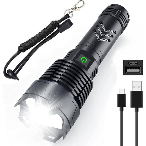 Lámpara linterna LED recargable de 90 000 lúmenes, lámpara linterna XHP160 potente súper luminosa con batería, zoom, étanche, 5 modos USB para acampar, aleatoria, aire libre, urgencia,