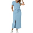 thumbnail image 5 of Bovxnpu Women Skirt Set Casual Office Outfits 2 Piece V Neck Short Sleeve Top High Waisted Slit Skirts, 5 of 8