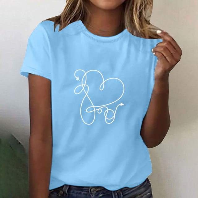 Meichang T-Shirts de la Saint-Valentin pour Femmes, T-Shirts Mignons à Imprimé Cœur, Col Rond Décontracté, Coupe Ample, T-Shirts de Fête à Manches Courtes, Vêtements Mignons