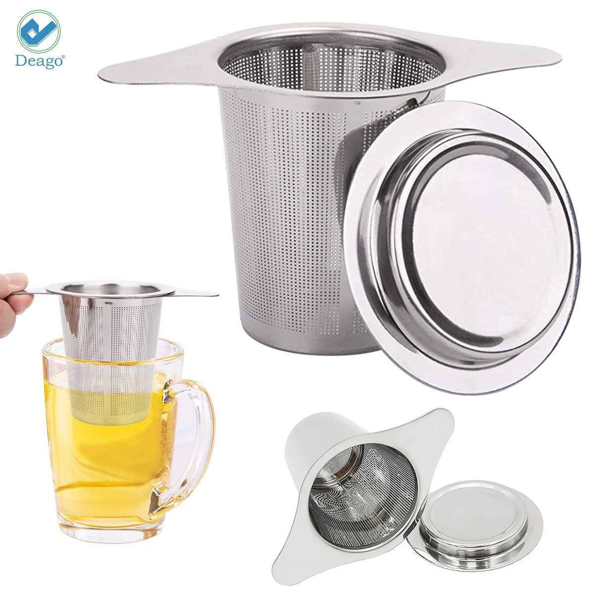 Mugs Cups to Steep Loose Leaf Tea and Coffee Tea Infuser 304 Stainless Steel Teapot Mesh Strainer Double Handles Coffee Filter with lid Hanging on Teapots