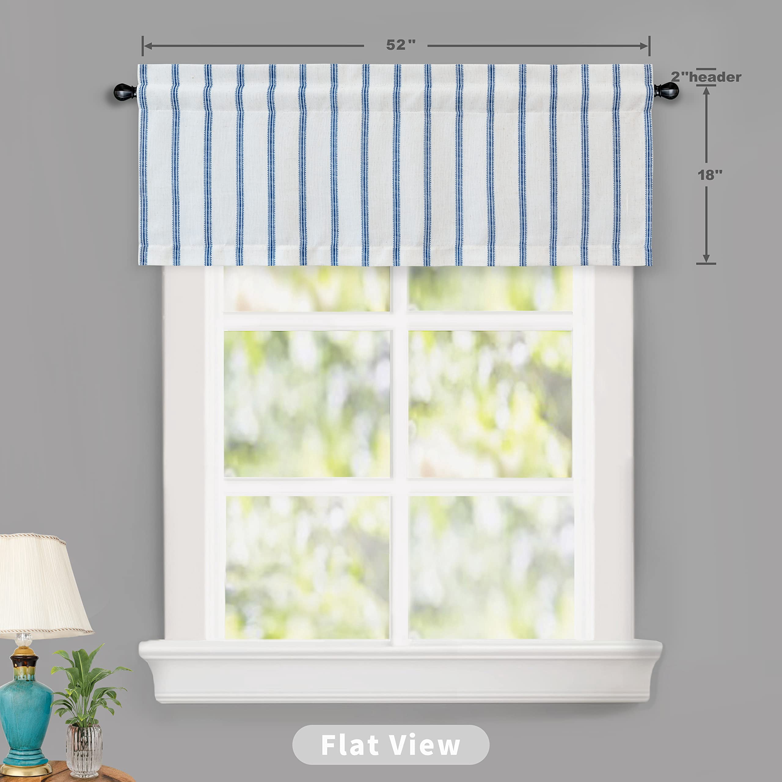 DriftAway Farmhouse Linen Blend Blackout Valance for Kitchen 18 Inch Length Vertical Striped Printed Lined Rod Pocket Room Darkening Curtain Valance for Living Room 52x18 Inch Navy