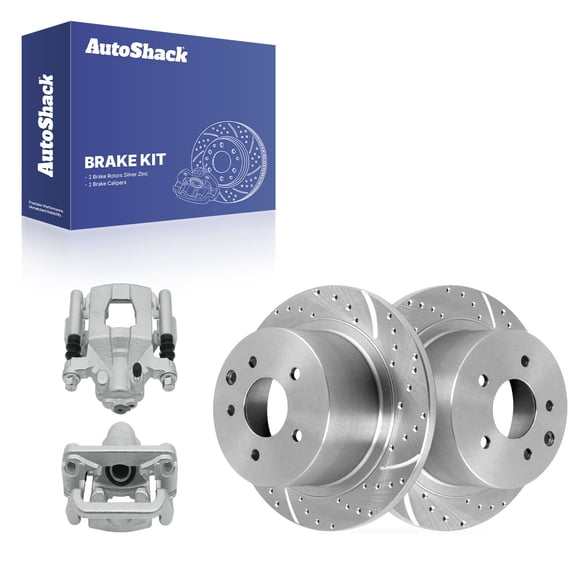 AutoShack Rear Brake Rotors & Calipers for Nissan, Altima 2002-2024 Maxima 2004-2008, FWD L4 2.0L 2.5L V6 3.5L - Silver Zinc Coated Drilled & Slotted - SilverShield Pro - 11.48" (291.6 mm), 5-Lug