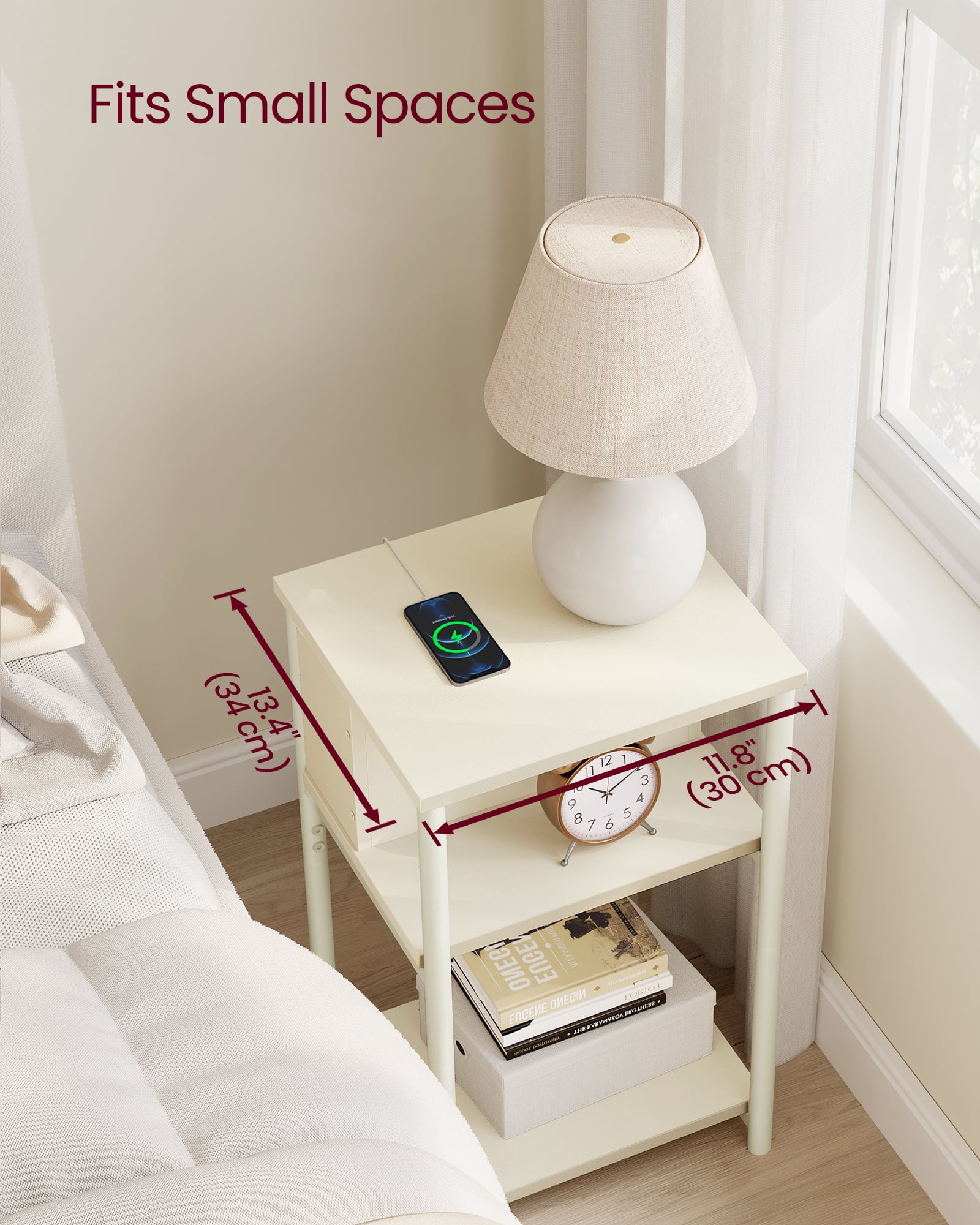 3-Tier End Table with Charging Station Side Table with USB Ports and Outlets Nightstand Cream White