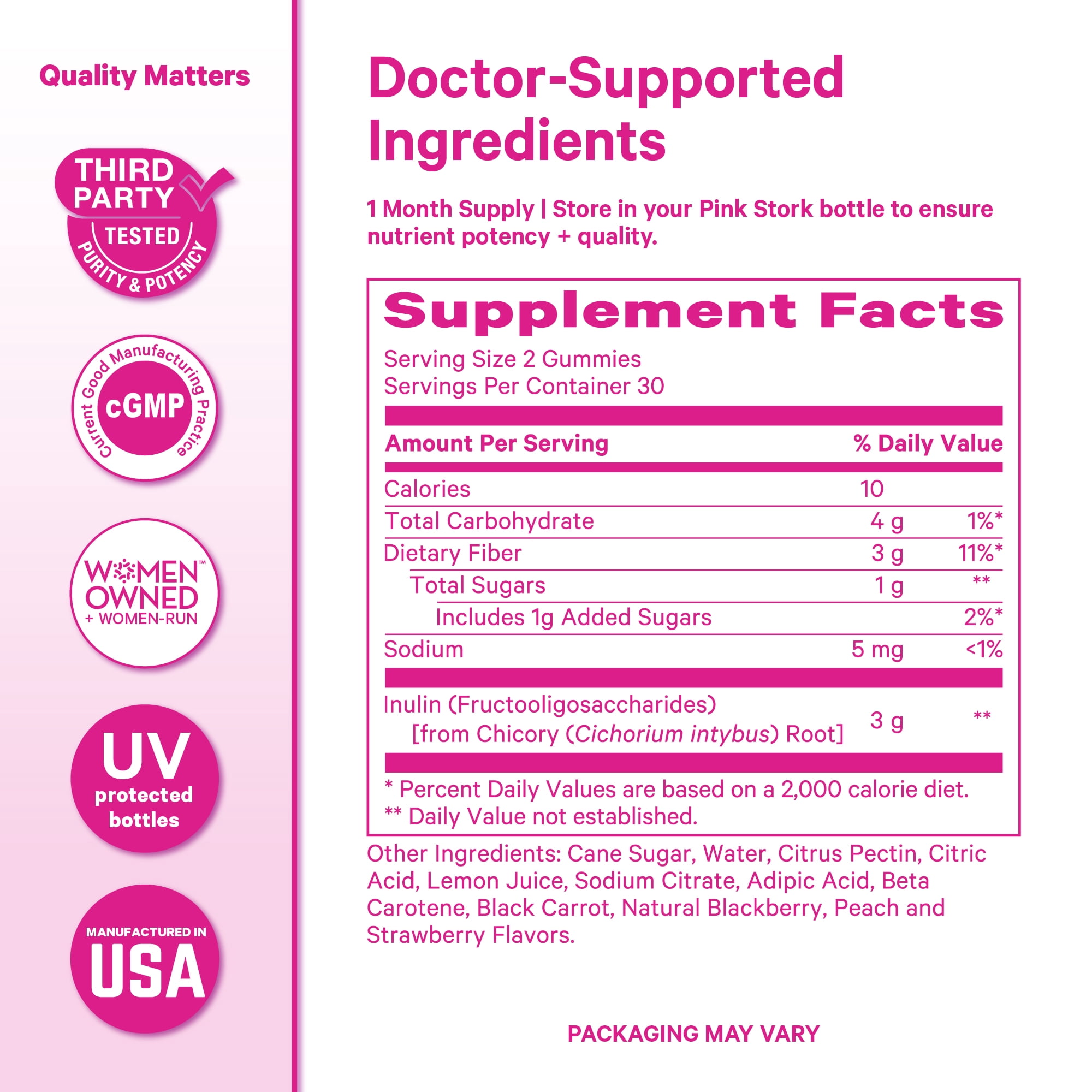 Pink Stork Fiber Gummies - Vegetarian Prebiotic Inulin Digestive Support, Assorted Fruit Flavors, 60 Count