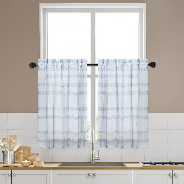 Checkered Kitchen Curtain Farmhouse Buffalo Plaid Semi Sheer Cafe Curtain,  Home Decor Light Filtering Drapes for Bathroom Bedroom, 2 Panels